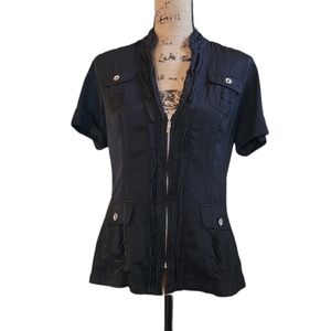 WHBM Black Short Sleeve Cargo Pocket Jacket with Pleated Ruffle V Neck